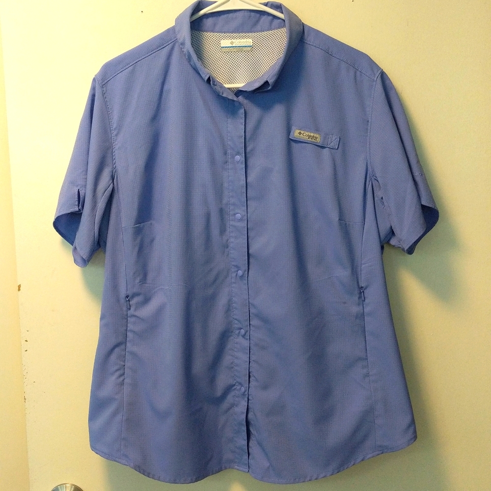 Like New Columbia PFG Short Sleeve Omnishade Shirt Size 1X in Blue
